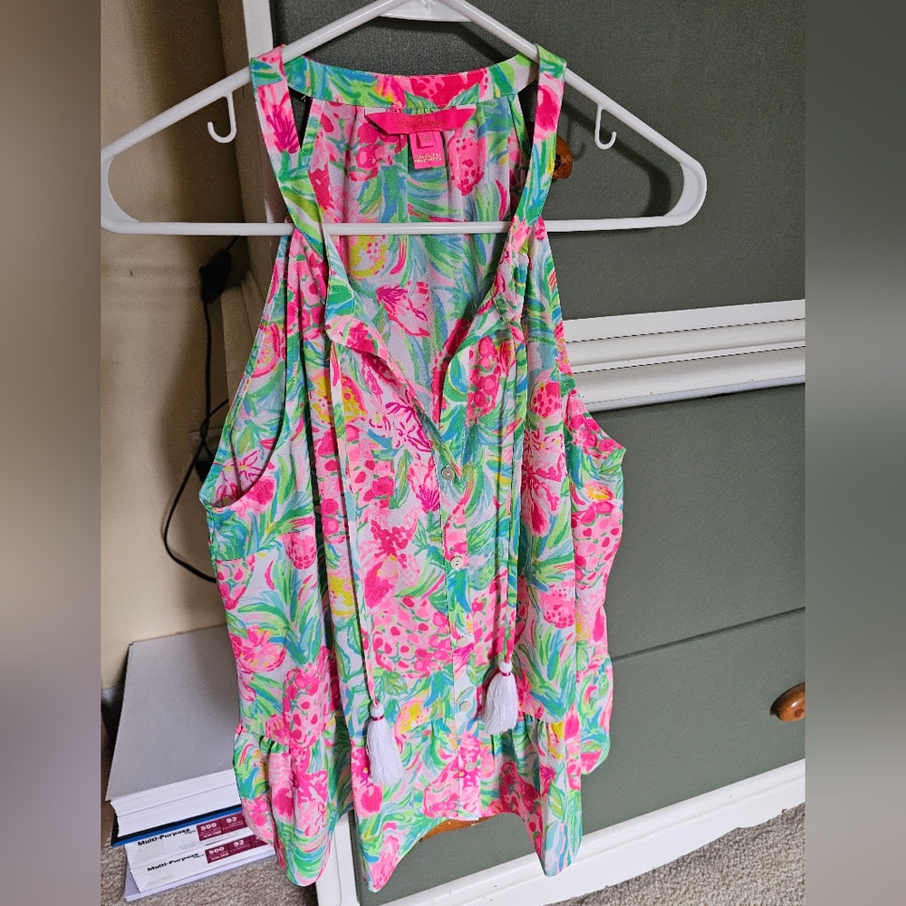 Lilly Pulitzer Pink Pineapple Ruffle Top Tank Summer‎ Resort Vibrant Bold Sz M